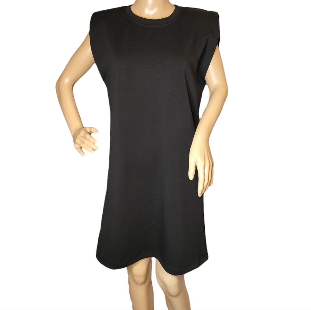 Rachel Zoe Structured Shoulder Black Stretch Ponte Knit Sleeveless Dress Small